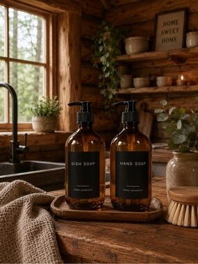 Amber Plastic Pump Soap Bottles - Dish & Hand Soap Set